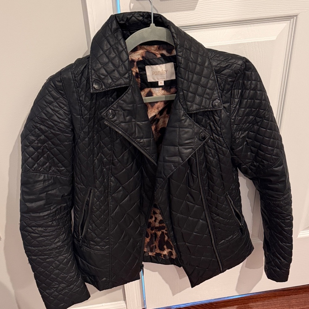 Laundry by Shelli Segal Black Quilted Moto Jacket with Leopard Lining